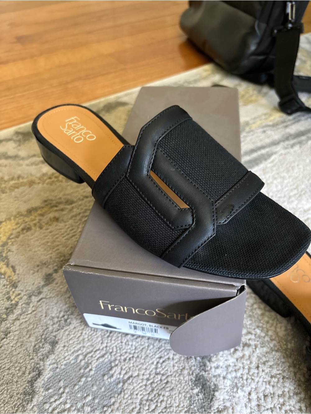 Franco Sarto Black Slide Sandal with Textured Upper and Low Heel